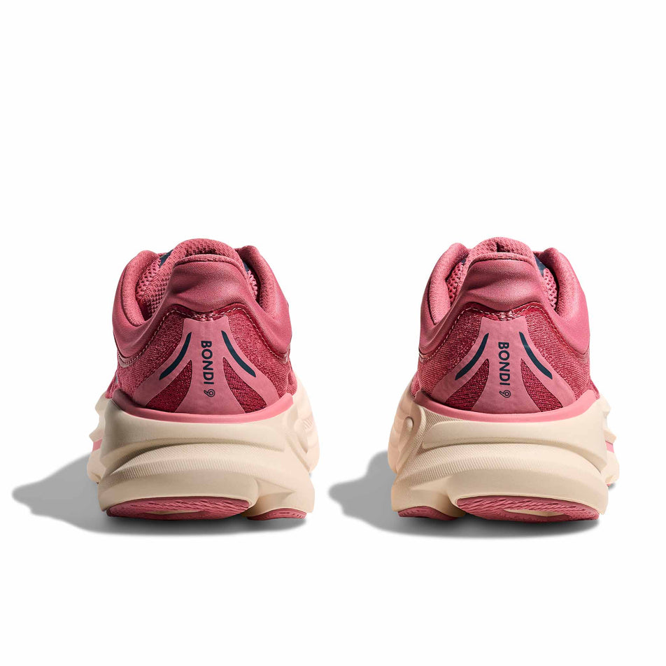 The back of a pair of HOKA Women's Bondi 9 Running Shoes in the Lingonberry/Cranberry colourway.