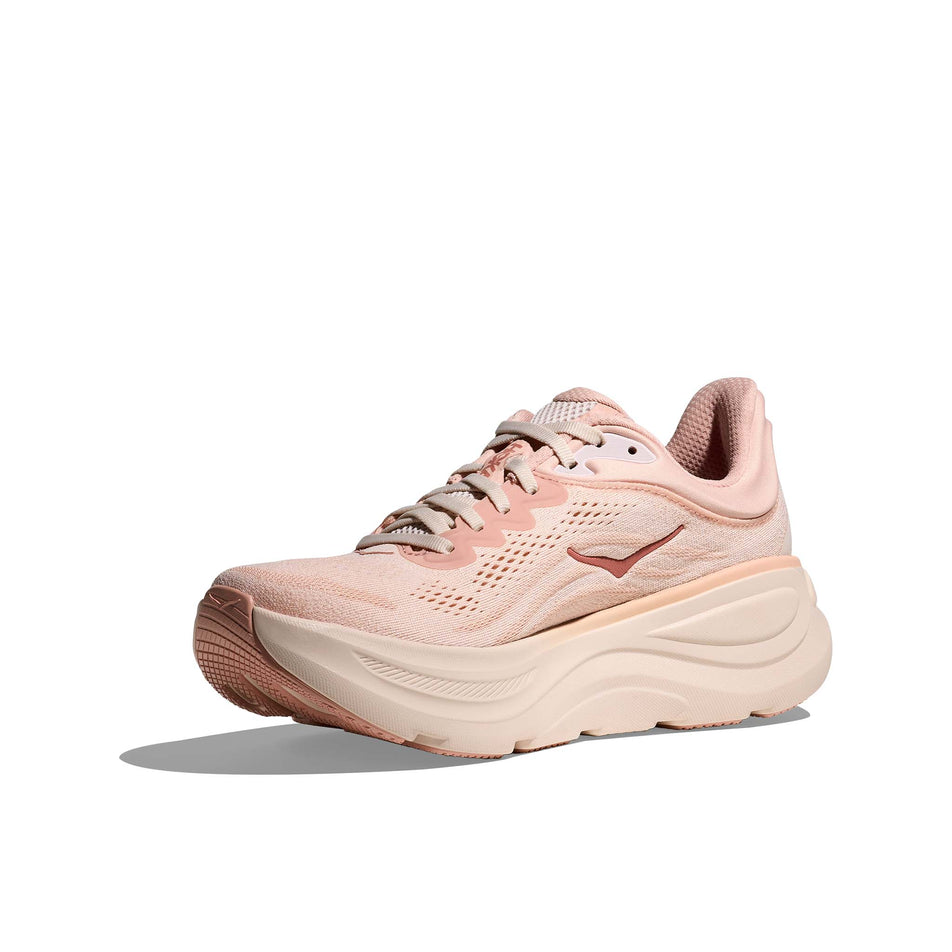 Medial view of the right shoe from a pair of HOKA Women's Bondi 9 Running Shoes in the Rose Latte/Rose Cream colourway. (8689288937634)