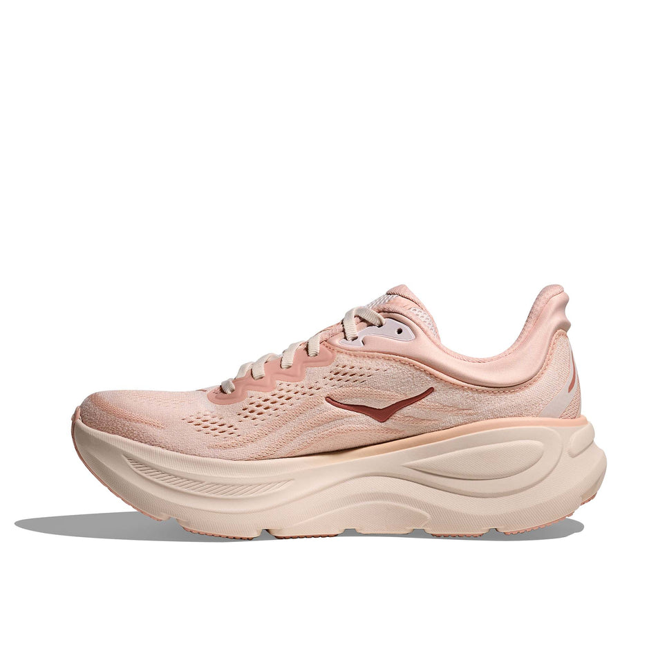 Medial view of the right shoe from a pair of HOKA Women's Bondi 9 Running Shoes in the Rose Latte/Rose Cream colourway. (8689288937634)
