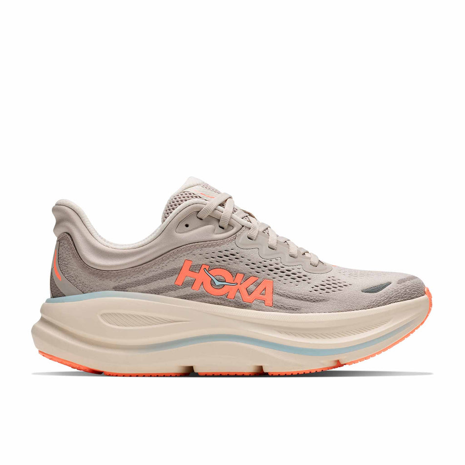 Lateral view of the right shoe from a pair of HOKA Women's Bondi 9 Running Shoes in the River Rock Grey/Mineral Ore colourway.