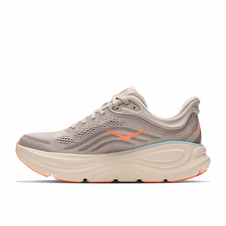 Medial view of the right shoe from a pair of HOKA Women's Bondi 9 Running Shoes in the River Rock Grey/Mineral Ore colourway.