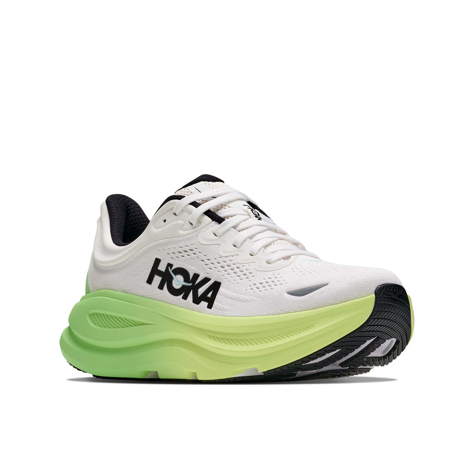 Lateral view of the right shoe from a pair of HOKA Women's Bondi 9 Running Shoes in the White/Tart Apple colourway.