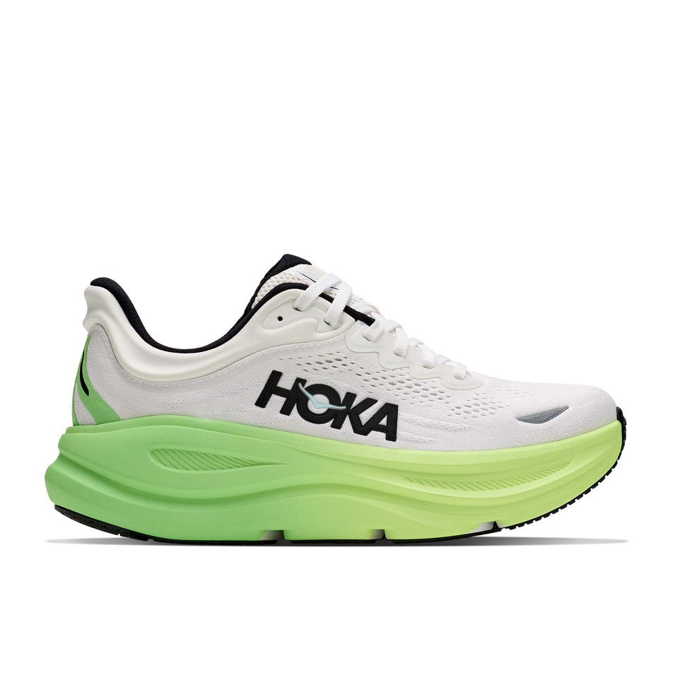 Lateral view of the right shoe from a pair of HOKA Women's Bondi 9 Running Shoes in the White/Tart Apple colourway.