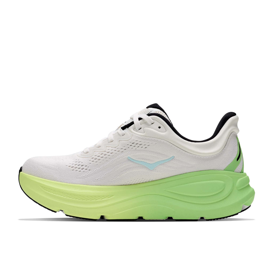 Medial view of the right shoe from a pair of HOKA Women's Bondi 9 Running Shoes in the White/Tart Apple colourway.