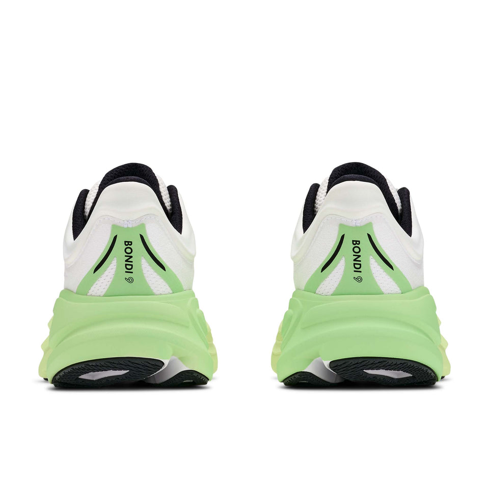The back of a pair of HOKA Women's Bondi 9 Running Shoes in the White/Tart Apple colourway.