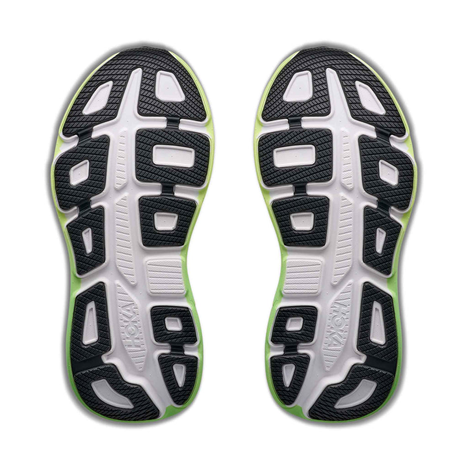 The outsoles of a pair of HOKA Women's Bondi 9 Running Shoes in the White/Tart Apple colourway.