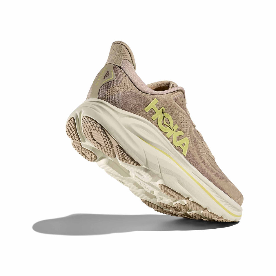 Lateral - and outsole - view of the right shoe from a pair of HOKA Men's Clifton 10 Running Shoes in the Raw Linen/Stone colourway. (8689189421218)