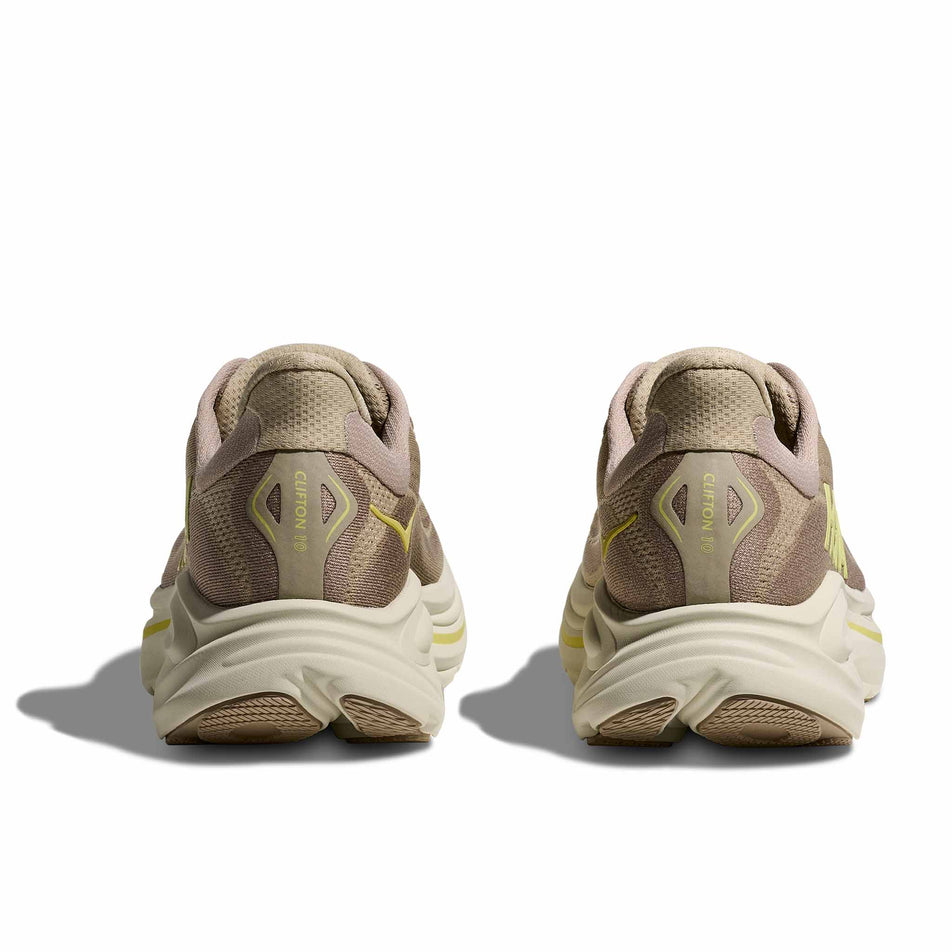 The back of a pair of HOKA Men's Clifton 10 Running Shoes in the Raw Linen/Stone colourway. (8689189421218)