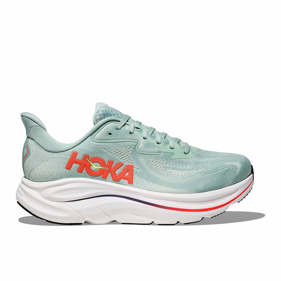 Lateral view of the right shoe from a pair of HOKA Men's Clifton 10 Running Shoes in the Sage/Neon Flame colourway.