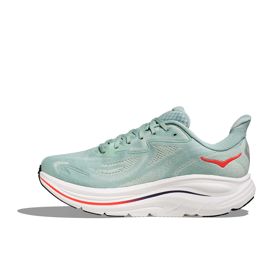 Medial view of the right shoe from a pair of HOKA Men's Clifton 10 Running Shoes in the Sage/Neon Flame colourway.