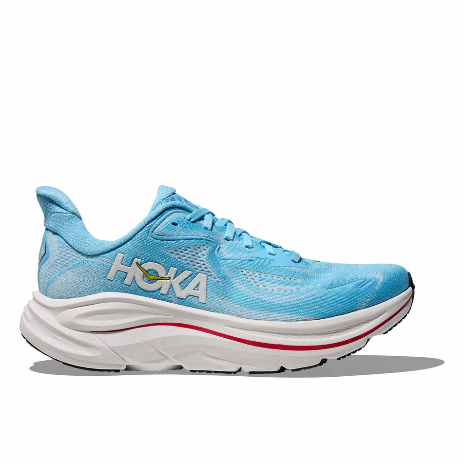 Lateral view of the right shoe from a pair of HOKA Women's Clifton 10 Running Shoes in the Soaring Blue/Frost colourway.