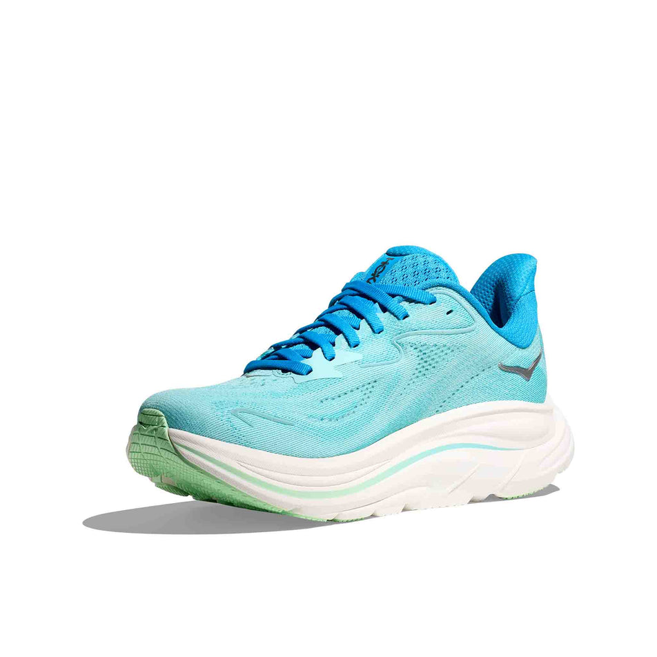 Medial view of the right shoe from a pair of HOKA Women's Clifton 10 Running Shoes in the Skyward Blue/Cielo Blue colourway. (8637760798882)