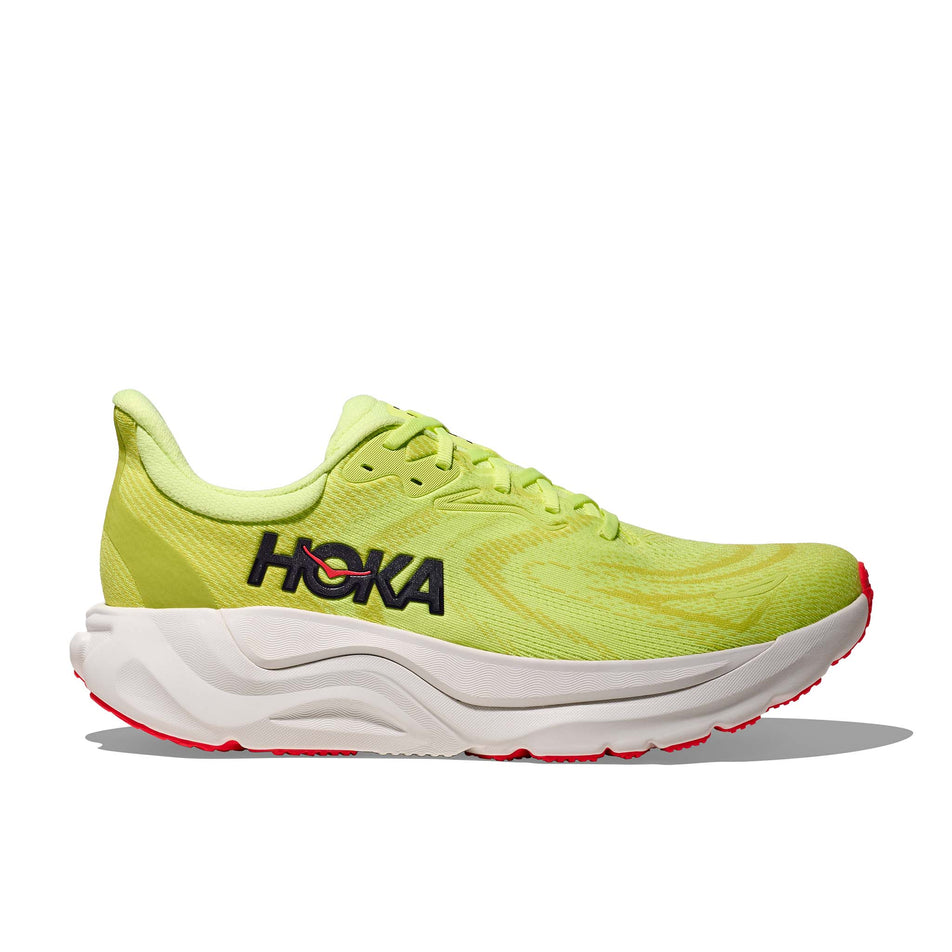 Lateral view of the right shoe from a pair of HOKA Men's Arahi 8 Running Shoes in the Neon Yuzu/Neon Flame colourway.