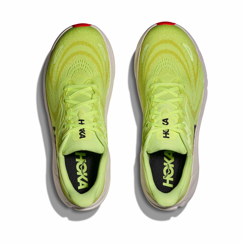 The uppers of a pair of HOKA Men's Arahi 8 Running Shoes in the Neon Yuzu/Neon Flame colourway.