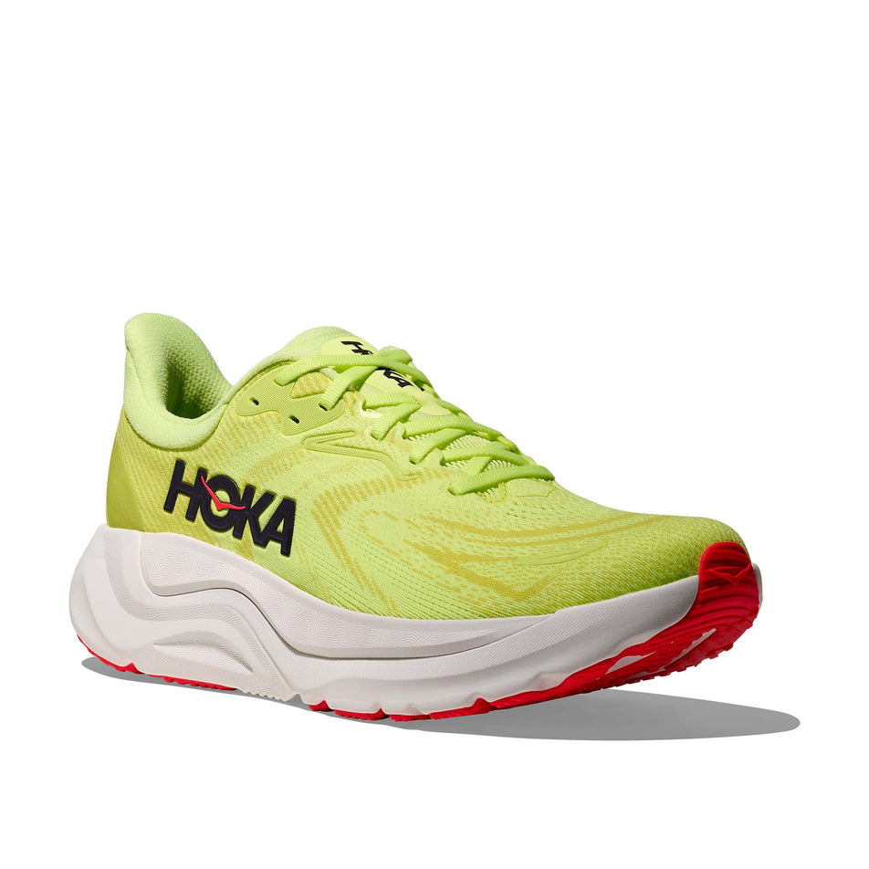 Lateral view of the right shoe from a pair of HOKA Men's Arahi 8 Running Shoes in the Neon Yuzu/Neon Flame colourway.
