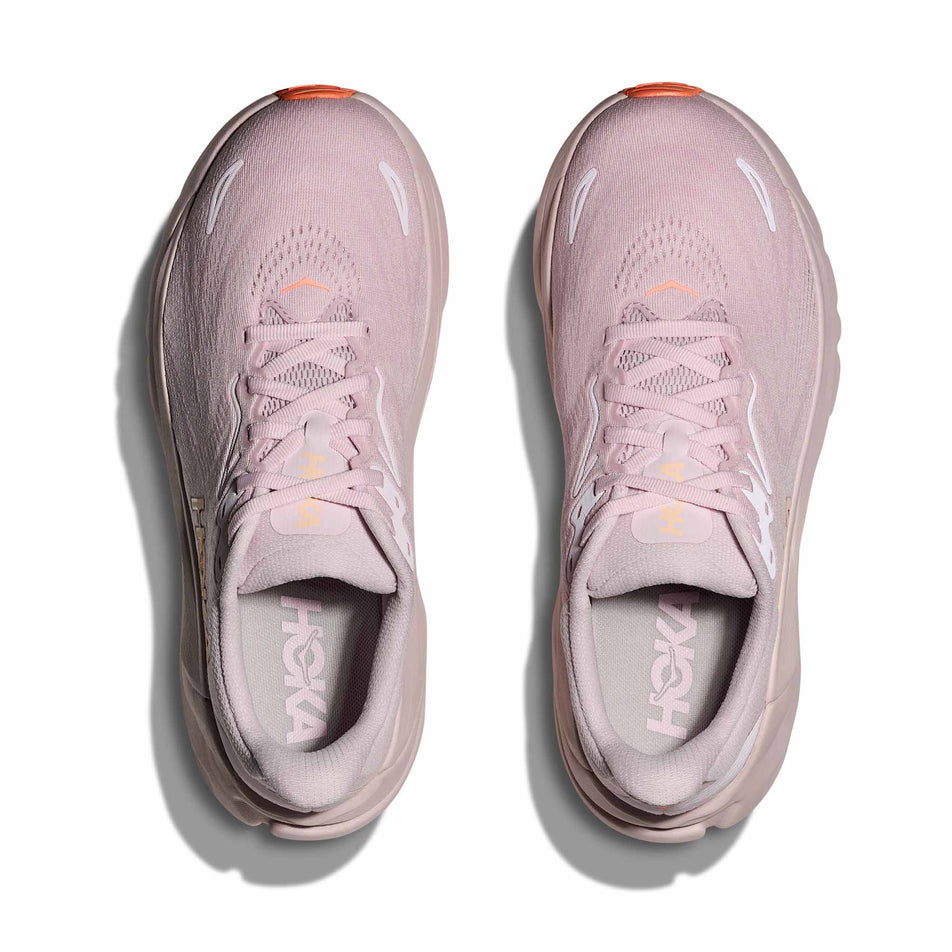 The uppers of a pair of HOKA Women's Arahi 8 Running Shoes in the Lilac Cream/Neon Cantaloupe colourway.