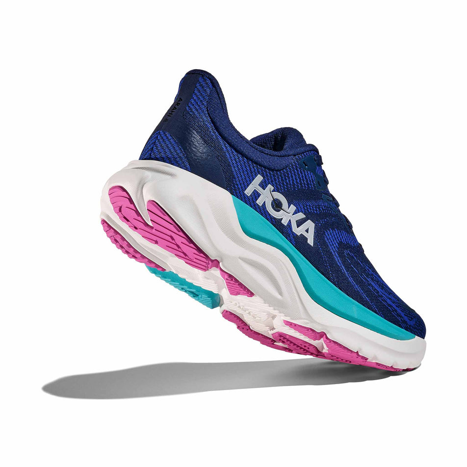Lateral - and outsole - view of the right shoe from a pair of HOKA Women's Arahi 8 Running Shoes in the Midnight Blue/Ultramarine colourway. (8689290150050)