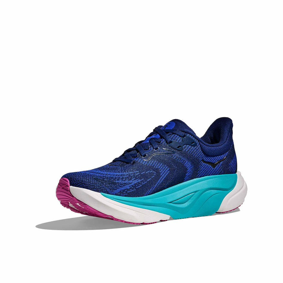 Medial view of the right shoe from a pair of HOKA Women's Arahi 8 Running Shoes in the Midnight Blue/Ultramarine colourway. (8689290150050)
