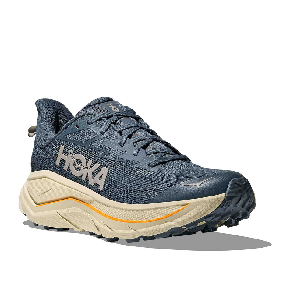 Lateral view of the right shoe from a pair of HOKA Men's Challenger 8 Running Shoes in the Faded Navy/Pampass Grass colourway.