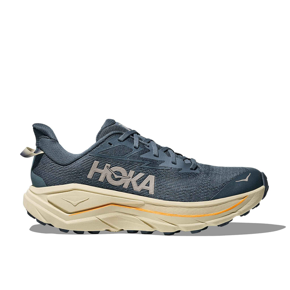 Lateral view of the right shoe from a pair of HOKA Men's Challenger 8 Running Shoes in the Faded Navy/Pampass Grass colourway.
