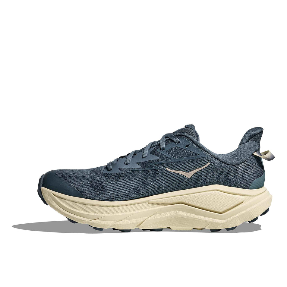 Medial view of the right shoe from a pair of HOKA Men's Challenger 8 Running Shoes in the Faded Navy/Pampass Grass colourway.