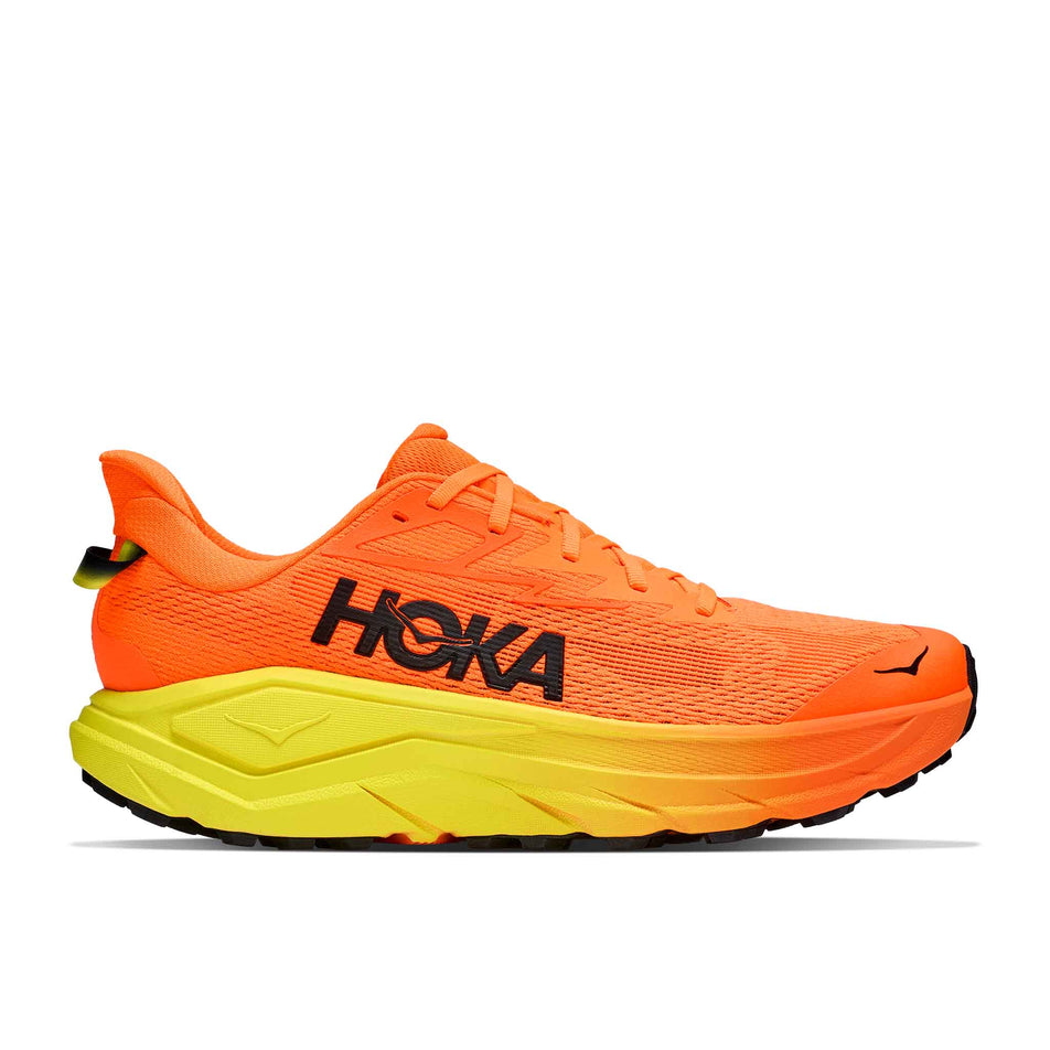 Lateral view of the right shoe from a pair of HOKA Men's Challenger 8 Running Shoes in the Neon Tangerine/Hoka Citrus colourway.