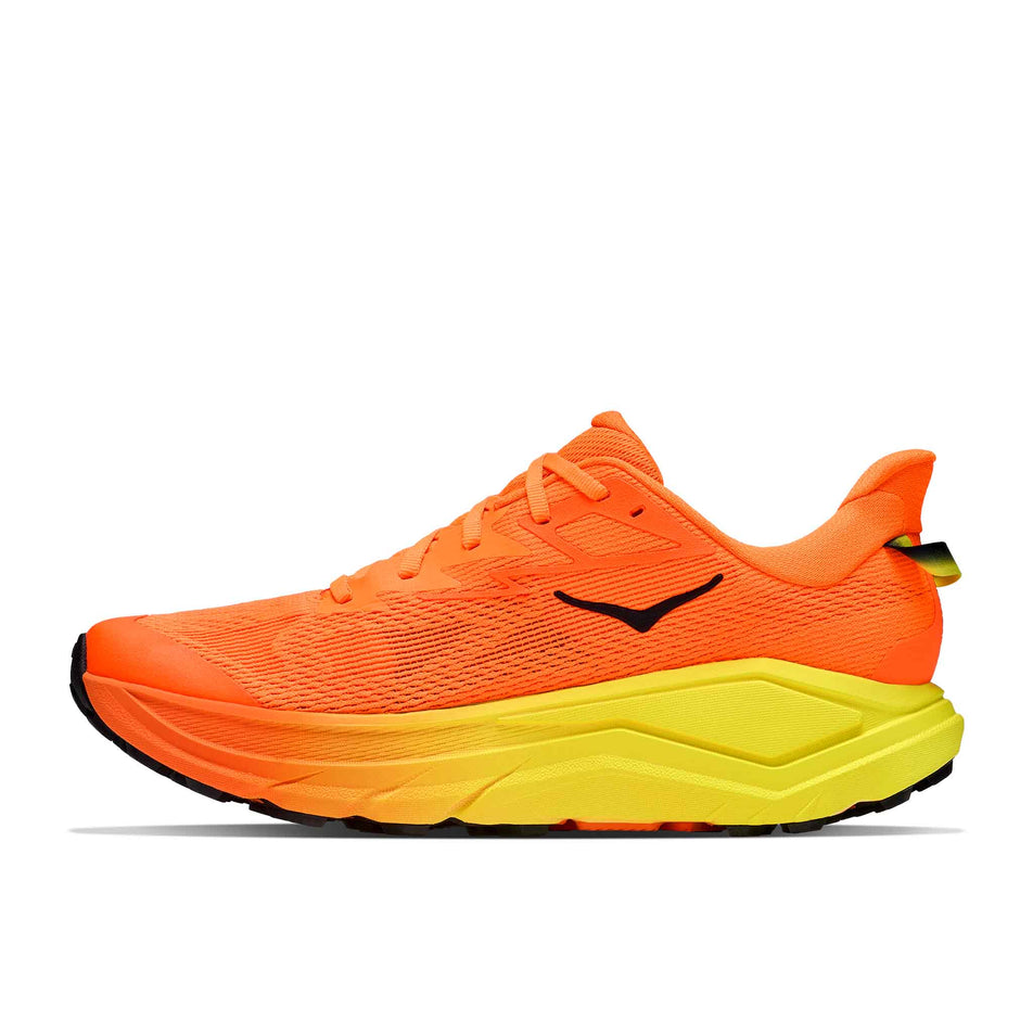 Medial view of the right shoe from a pair of HOKA Men's Challenger 8 Running Shoes in the Neon Tangerine/Hoka Citrus colourway.