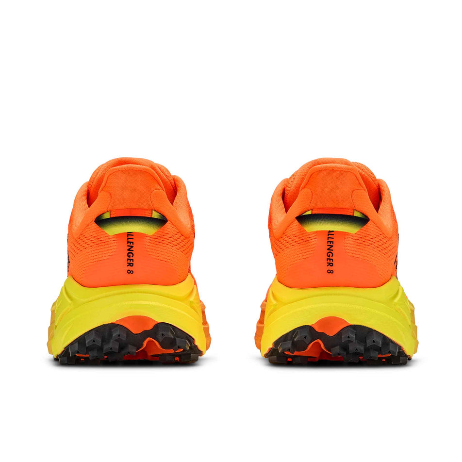 The back of a pair of HOKA Men's Challenger 8 Running Shoes in the Neon Tangerine/Hoka Citrus colourway.