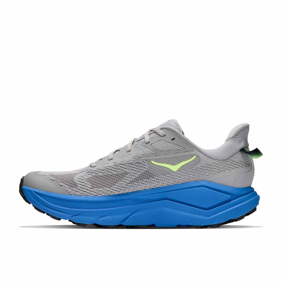 Medial view of the right shoe from a pair of HOKA Men's Challenger 8 Running Shoes in the Stardust/Virtual Blue colourway.