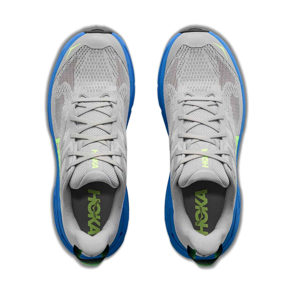 The uppers of a pair of HOKA Men's Challenger 8 Running Shoes in the Stardust/Virtual Blue colourway.