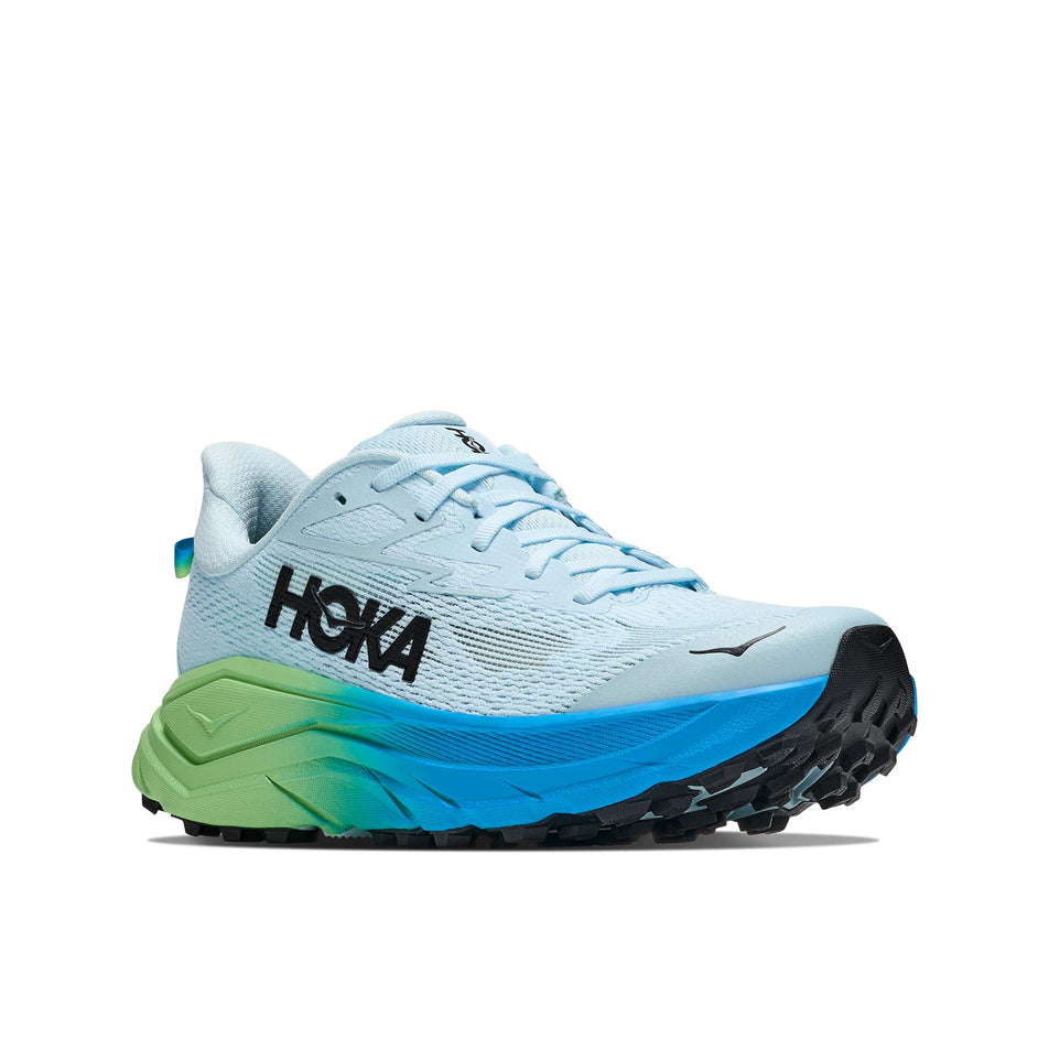 Lateral view of the right shoe from a pair of HOKA Women's Challenger 8 Running Shoes in the Glimmering Blue/Tart Apple colourway.