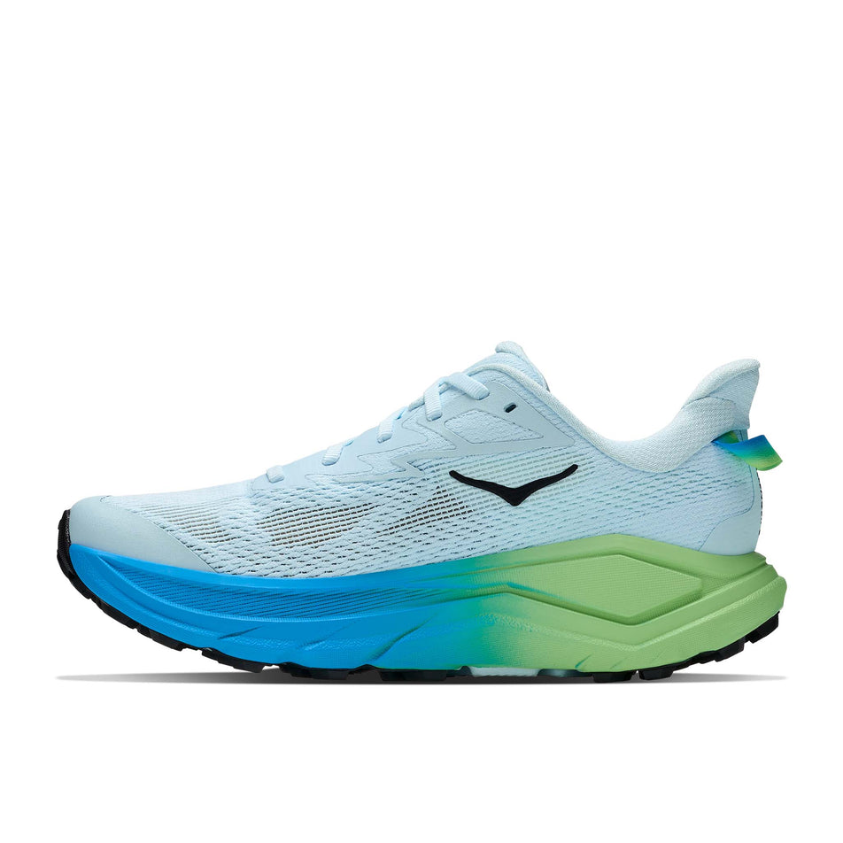 Medial view of the right shoe from a pair of HOKA Women's Challenger 8 Running Shoes in the Glimmering Blue/Tart Apple colourway.