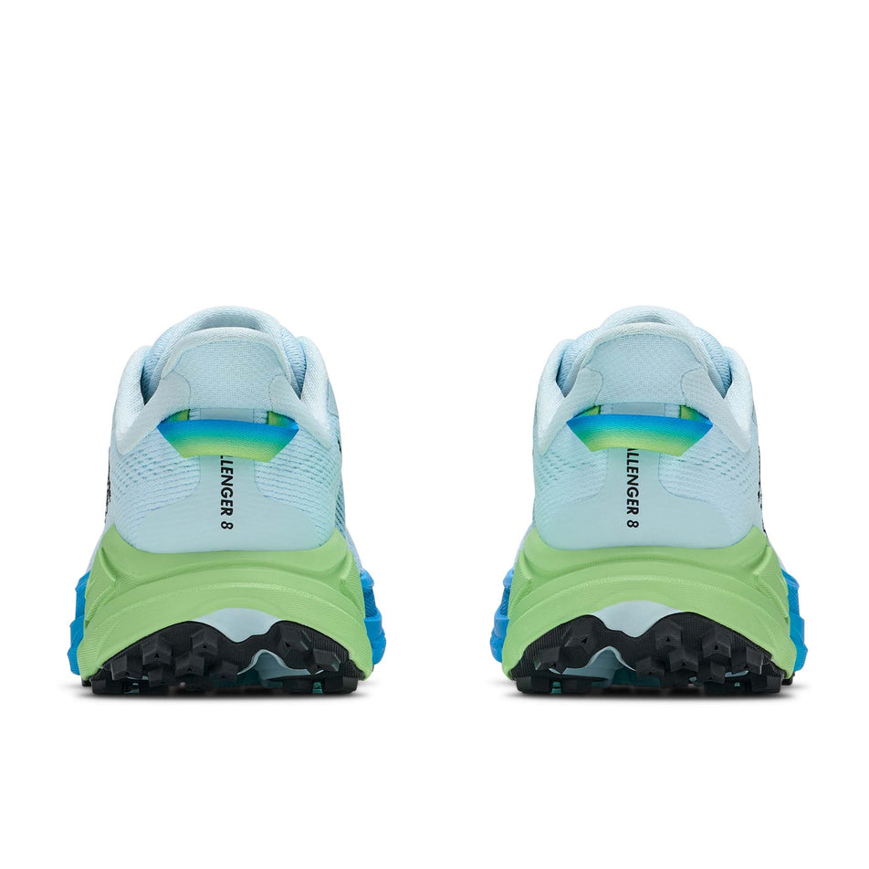 The back of a pair of HOKA Women's Challenger 8 Running Shoes in the Glimmering Blue/Tart Apple colourway.