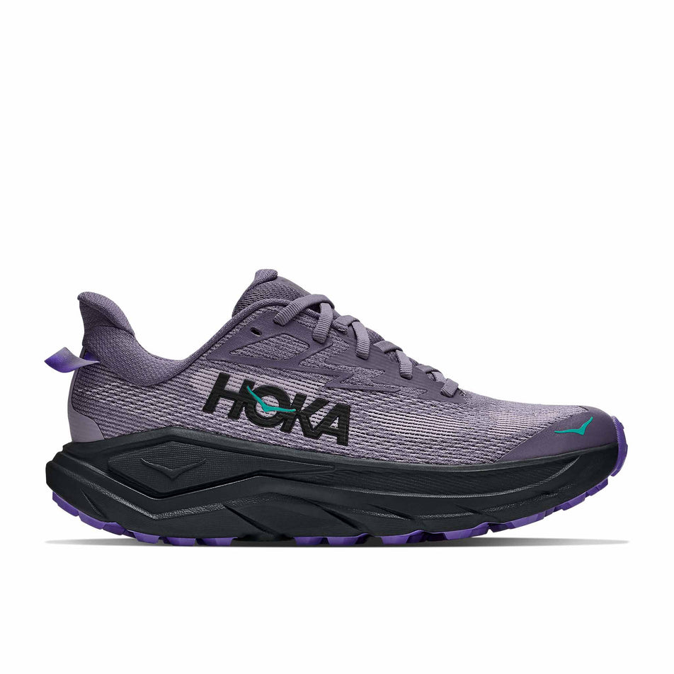 Lateral view of the right shoe from a pair of HOKA Women's Challenger 8 Trail Running Shoes in the Purple Fog/Black colourway.