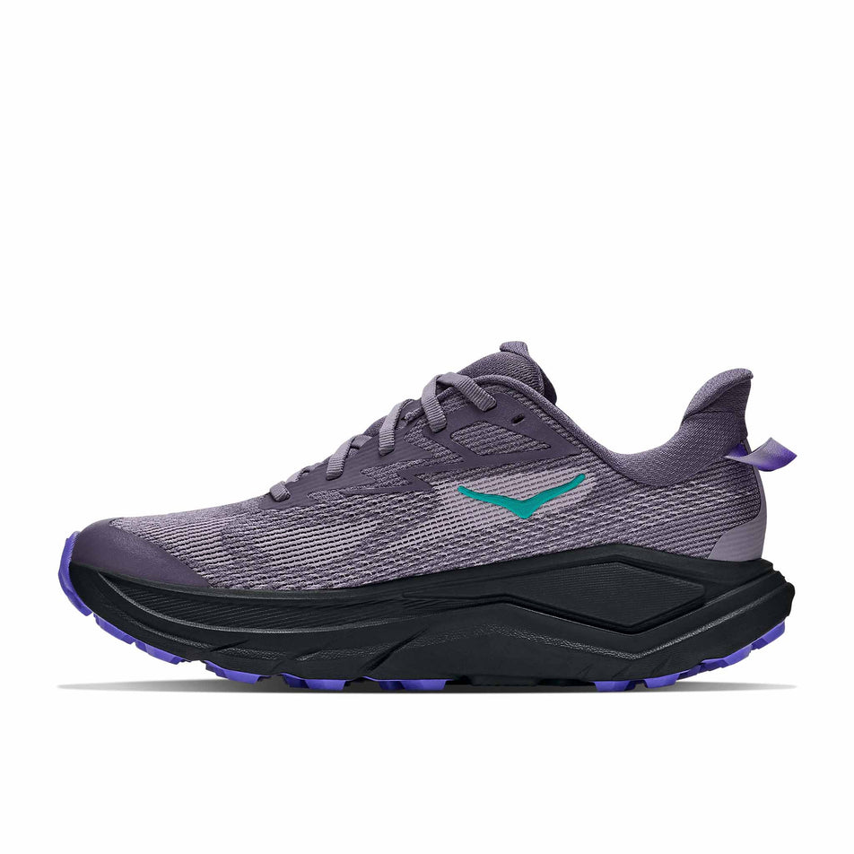 Medial view of the right shoe from a pair of HOKA Women's Challenger 8 Trail Running Shoes in the Purple Fog/Black colourway.