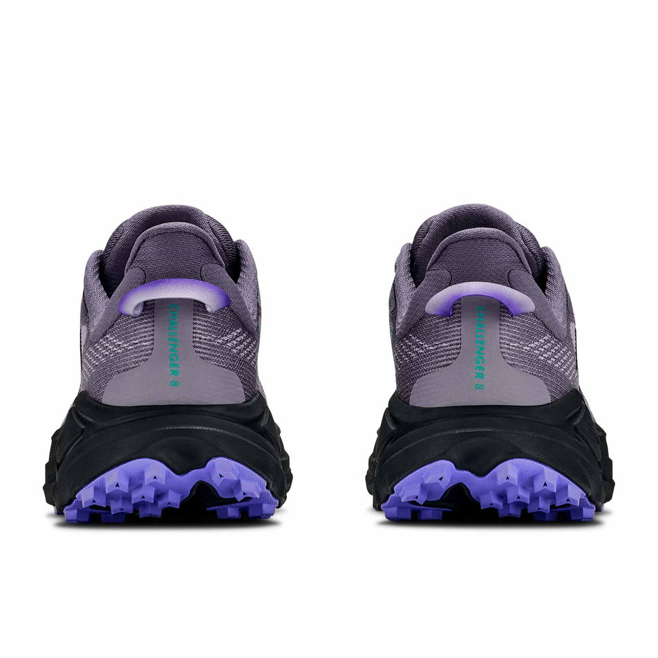 The back of a pair of HOKA Women's Challenger 8 Trail Running Shoes in the Purple Fog/Black colourway.
