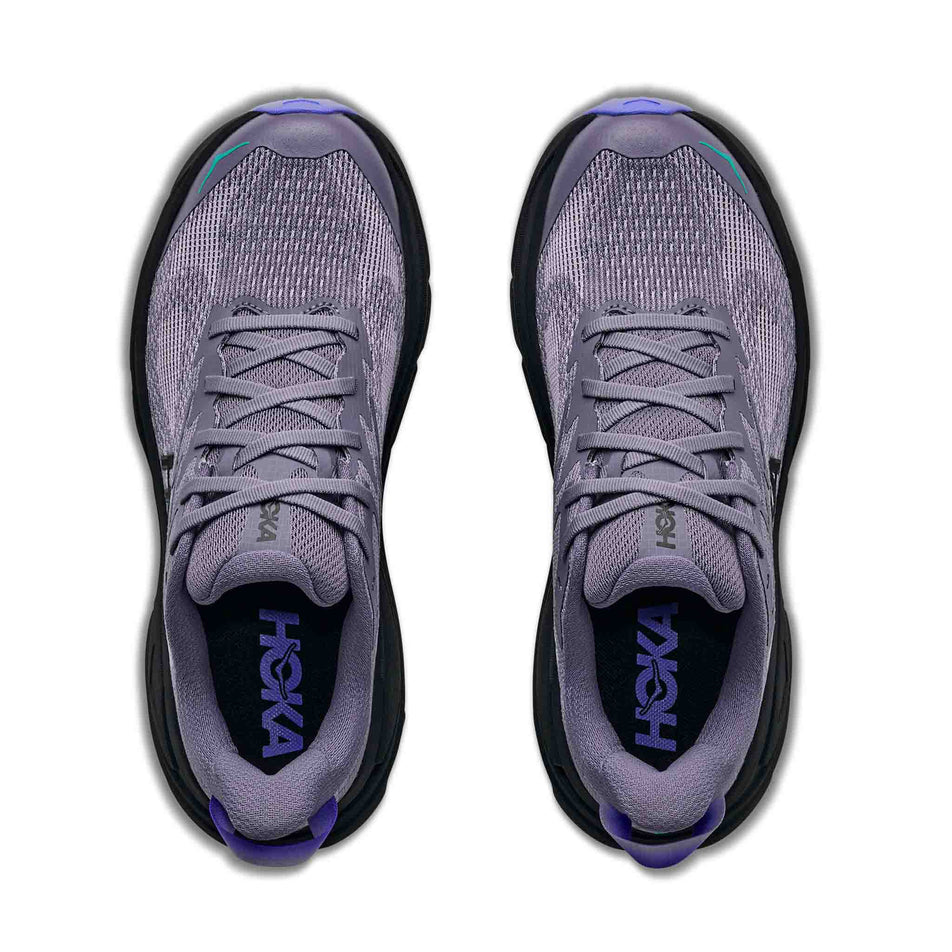 The uppers of a pair of HOKA Women's Challenger 8 Trail Running Shoes in the Purple Fog/Black colourway.