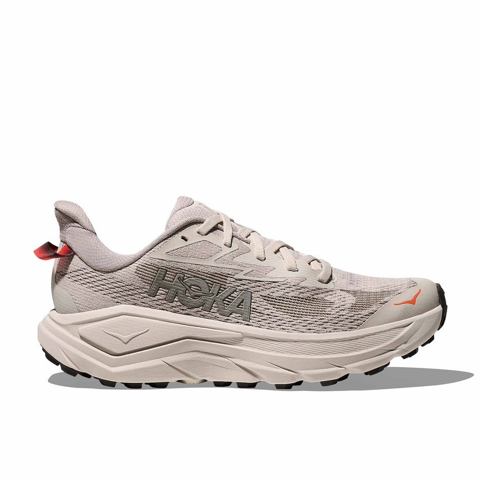 Lateral view of the right shoe from a pair of HOKA Women's Challenger 8 Running Shoes in the Stucco/Asphalt Grey colourway.