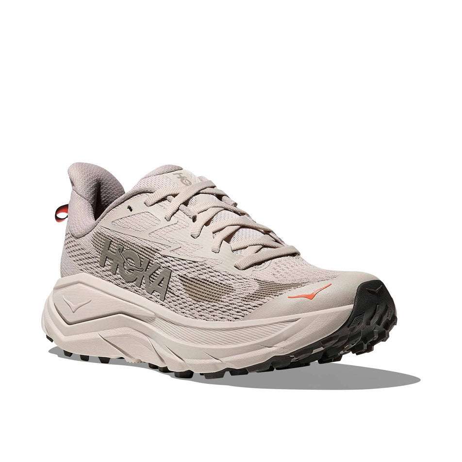 Lateral view of the right shoe from a pair of HOKA Women's Challenger 8 Running Shoes in the Stucco/Asphalt Grey colourway.