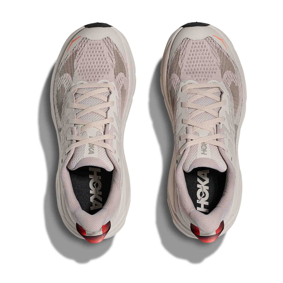 The uppers of a pair of HOKA Women's Challenger 8 Running Shoes in the Stucco/Asphalt Grey colourway.