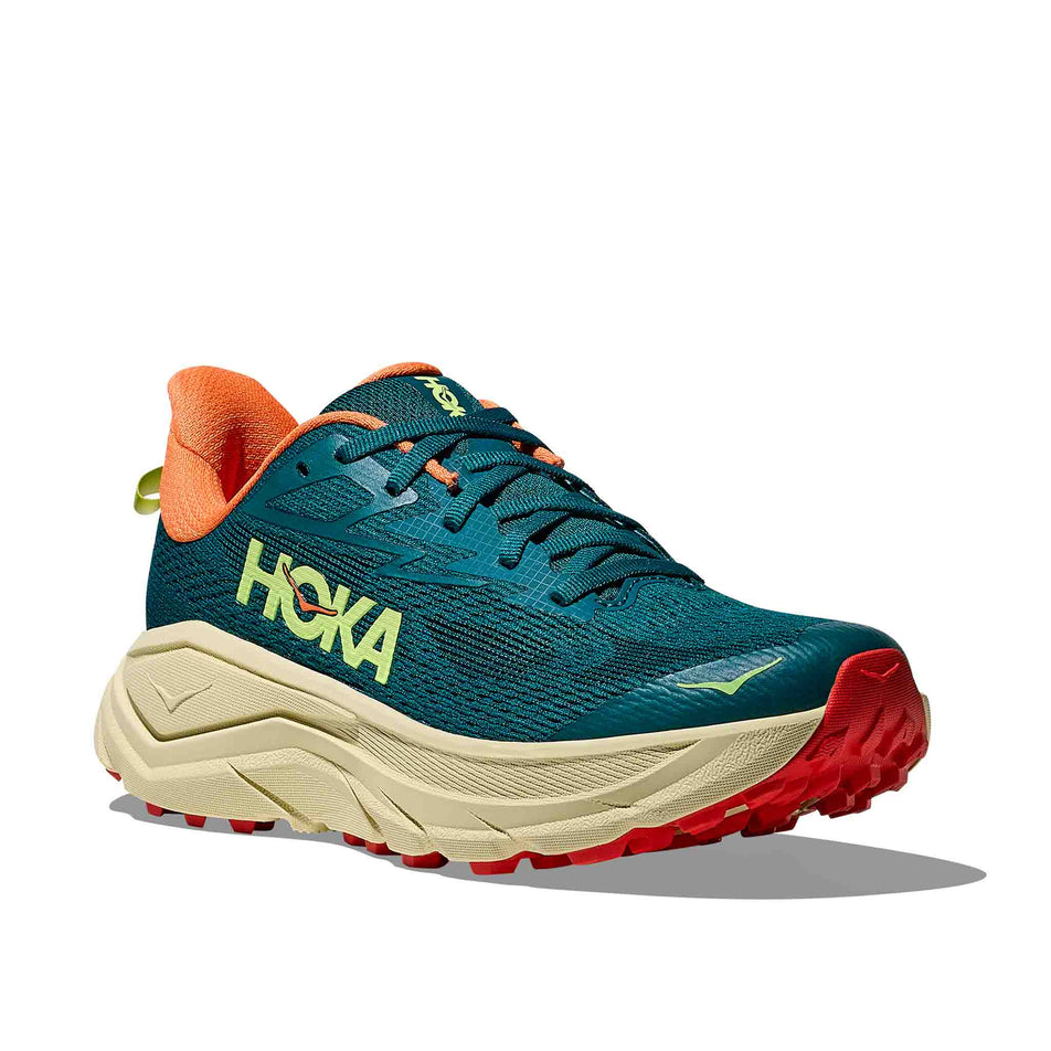 Lateral view of the right shoe from a pair of HOKA Women's Challenger 8 Running Shoes in the Tidal Wave/Pampas Grass colourway.