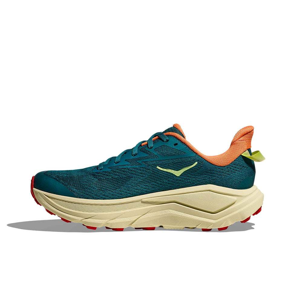 Medial view of the right shoe from a pair of HOKA Women's Challenger 8 Running Shoes in the Tidal Wave/Pampas Grass colourway.