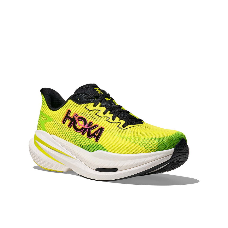 Lateral view of the right shoe from a pair of HOKA Men's Mach X 3 Running Shoes in the Neon Hoka Citrus/Neon Lime colourway. (8689198465186)