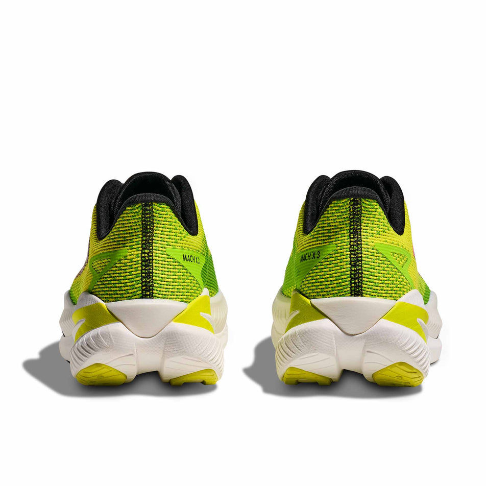 The back of a pair of HOKA Men's Mach X 3 Running Shoes in the Neon Hoka Citrus/Neon Lime colourway. (8689198465186)