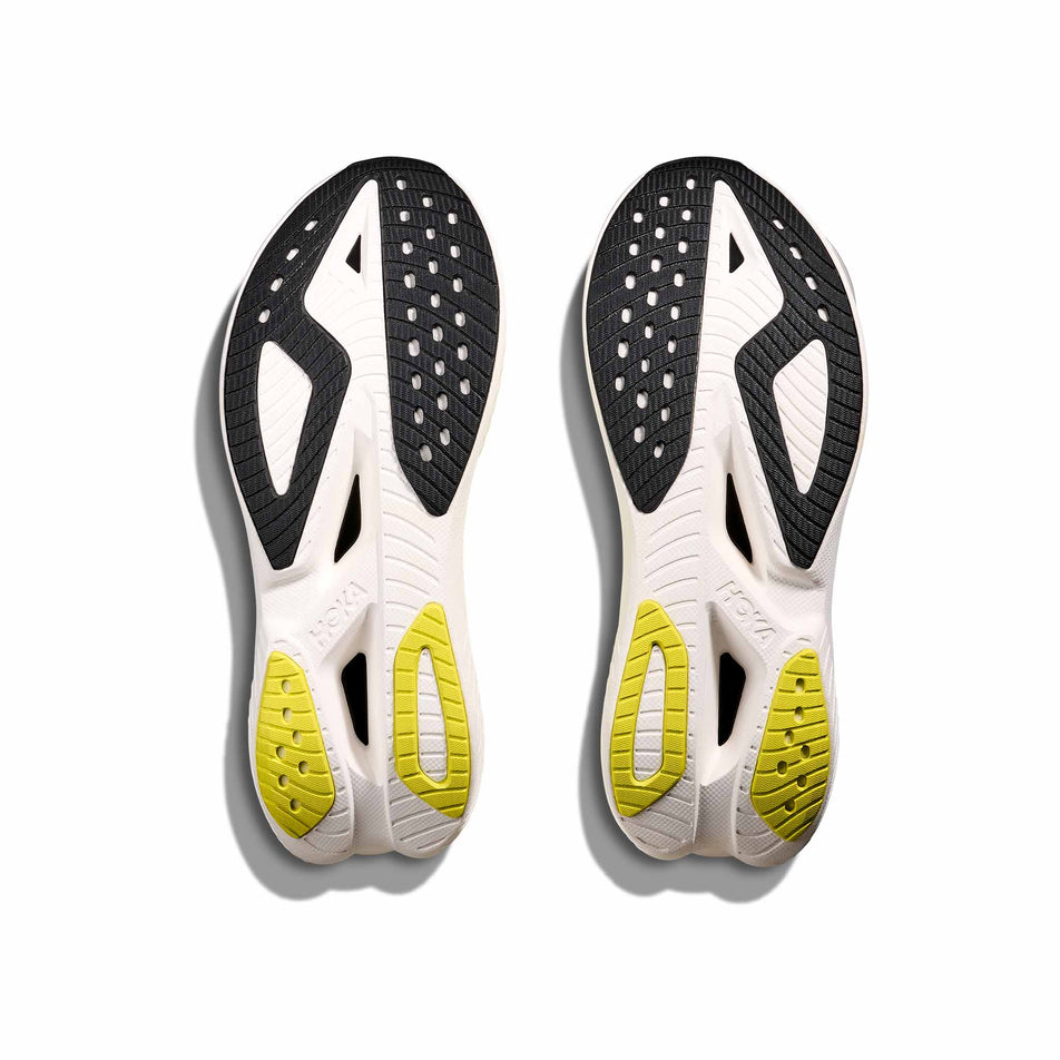 The outsoles of a pair of HOKA Men's Mach X 3 Running Shoes in the Neon Hoka Citrus/Neon Lime colourway. (8689198465186)