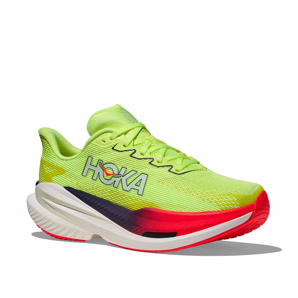Lateral view of the right shoe from a pair of HOKA Women's Mach X 3 Running Shoes in the Neon Yuzu/Squid Ink colourway.