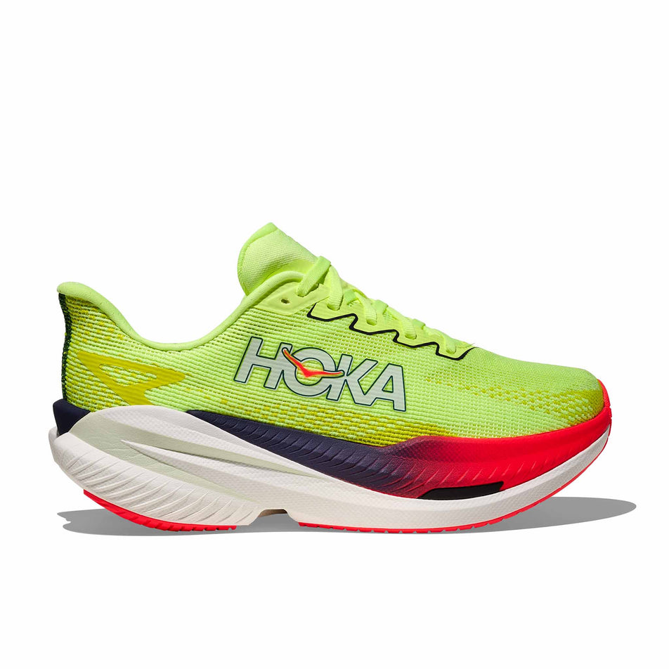 Lateral view of the right shoe from a pair of HOKA Women's Mach X 3 Running Shoes in the Neon Yuzu/Squid Ink colourway.