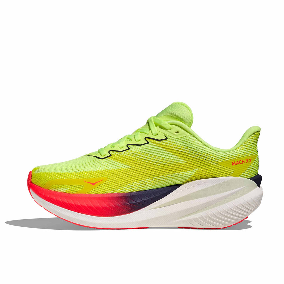 Medial view of the right shoe from a pair of HOKA Women's Mach X 3 Running Shoes in the Neon Yuzu/Squid Ink colourway.