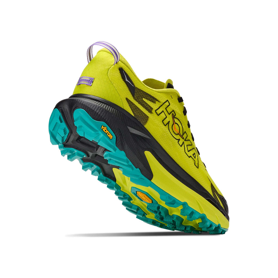 Lateral - and outsole - view of the right shoe from a pair of HOKA Men's Mafate 5 Trail Running Shoes in the Black/Hoka Citrus colourway.