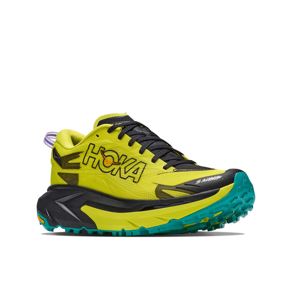 Lateral view of the right shoe from a pair of HOKA Men's Mafate 5 Trail Running Shoes in the Black/Hoka Citrus colourway.